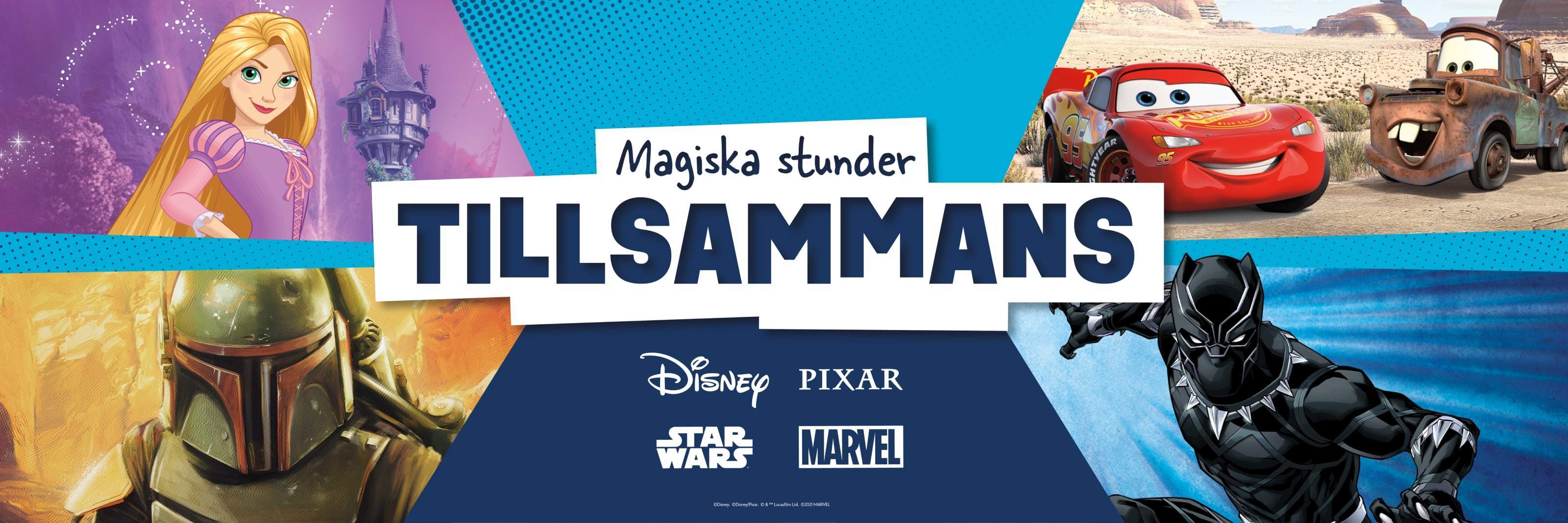 Disney-, Pixar-, Star Wars- och Marvel-karaktärer framför en blå bakgrund med märkeslogotyper i mitten