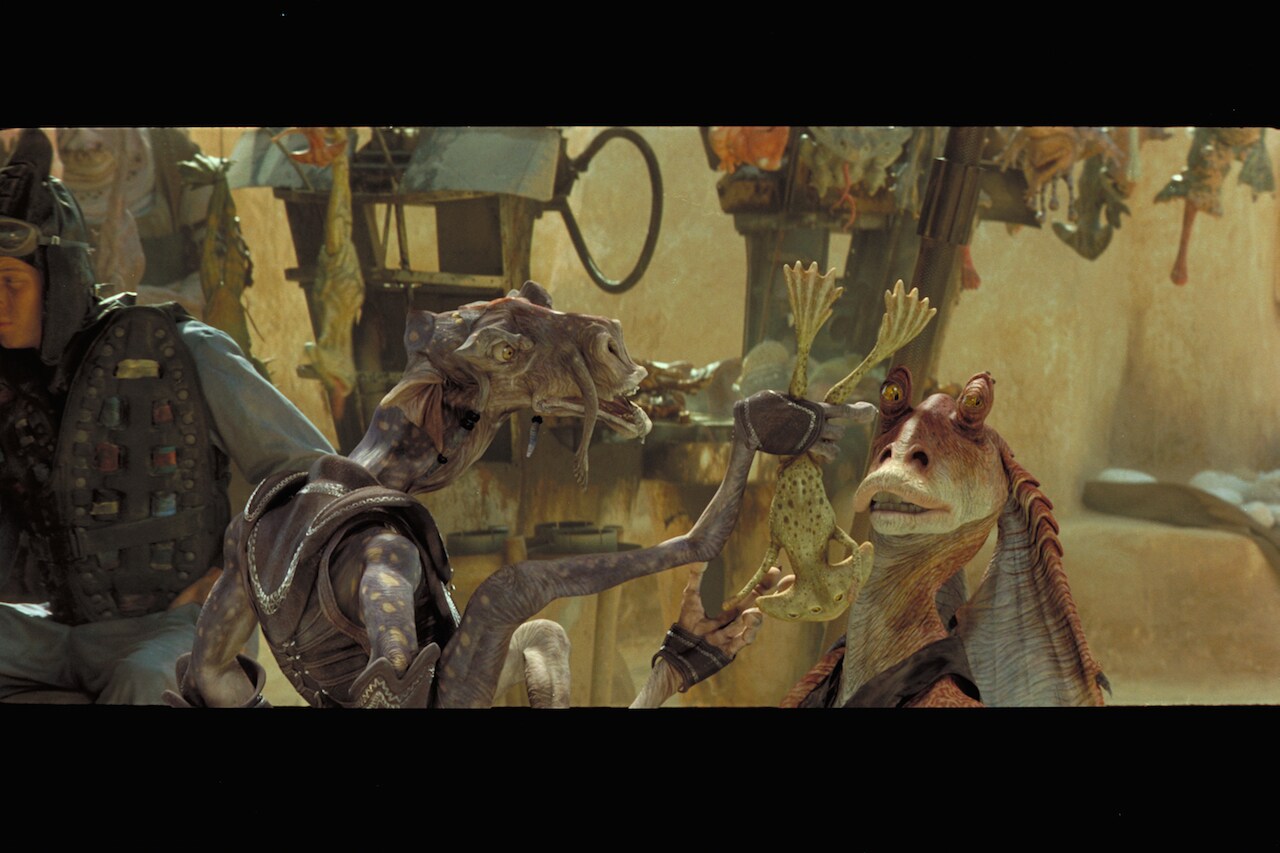 While in Mos Espa, the unwary Jar Jar Binks ran afoul of a Dug in the marketplace. Unfortunately ...