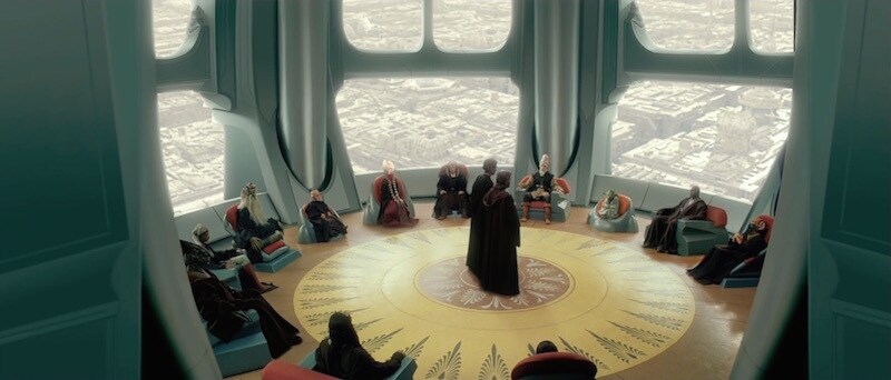 Shaak Ti and the Jedi Council addressing Obi-Wan Kenobi and Anakin Skywalker
