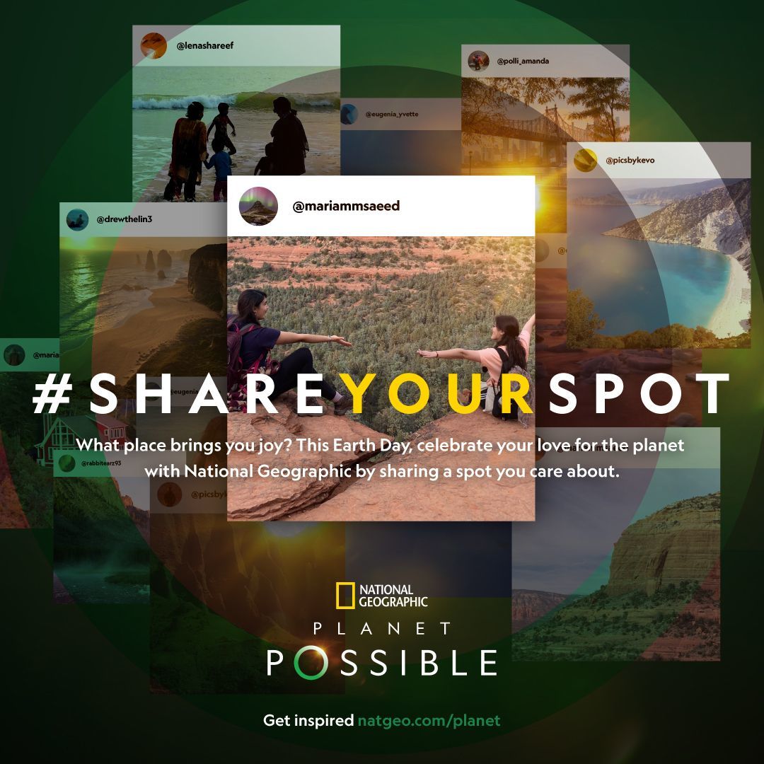 Hashtag Share Your Spot poster with ten overlapped instagram post examples in outdoor locations around the world