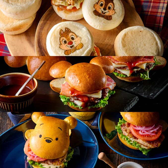 チップ＆デール、ミッキー、プーさんをモチーフにした3つのバーガーが
