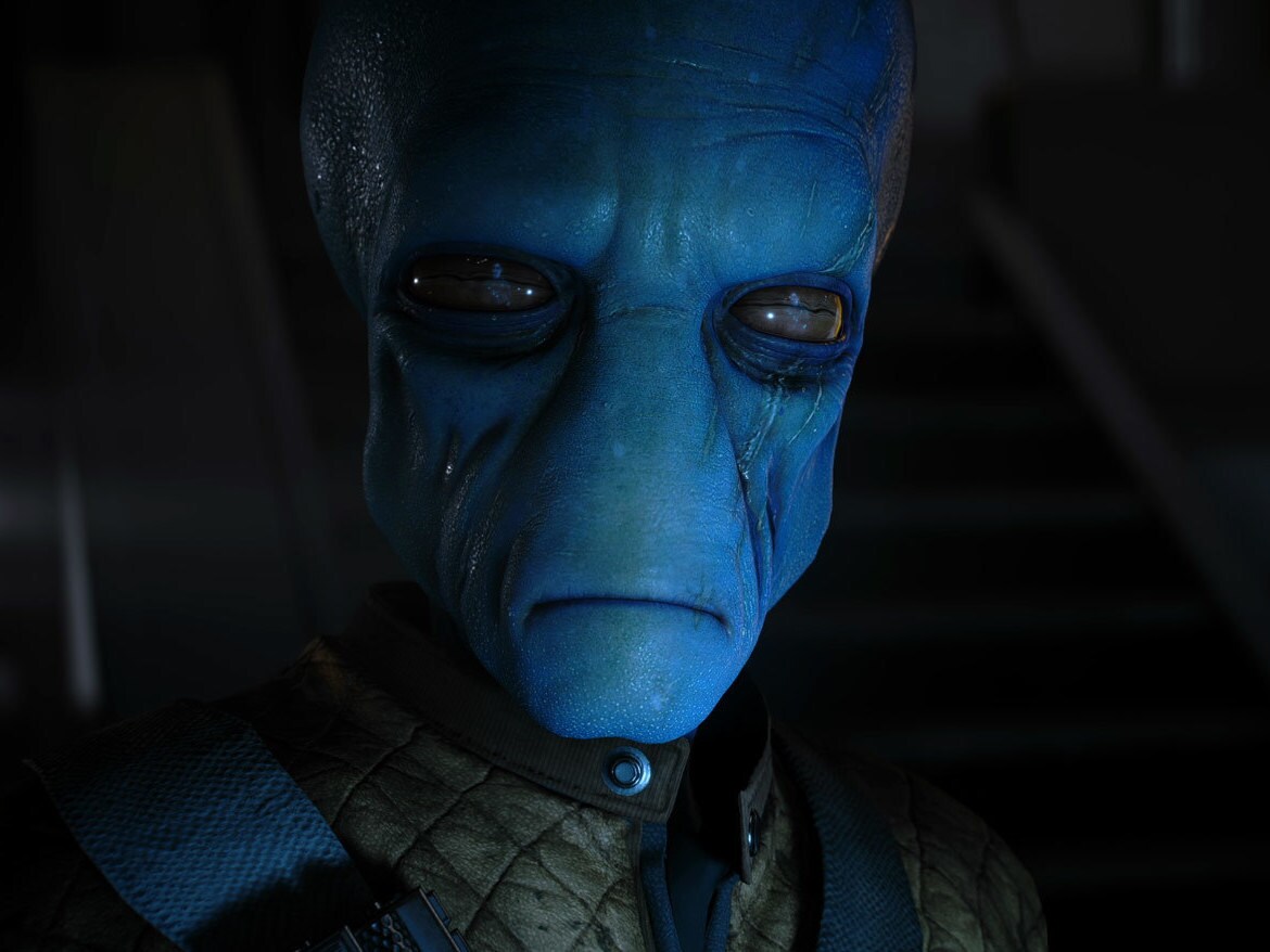 Shriv Suurgav, blue-skinned Duros Rebel officer in the official Star Wars Databank portrait