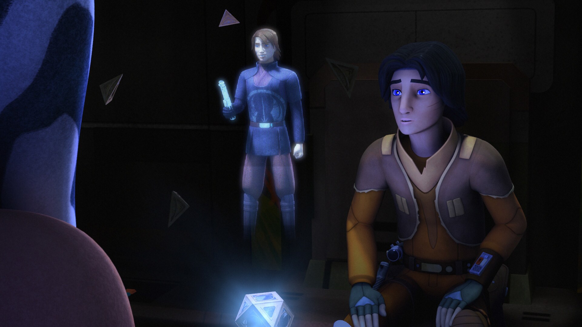Ezra goes to see Ahsoka. She's watching a holorecording of a Jedi lightsaber lesson. The Jedi is ...
