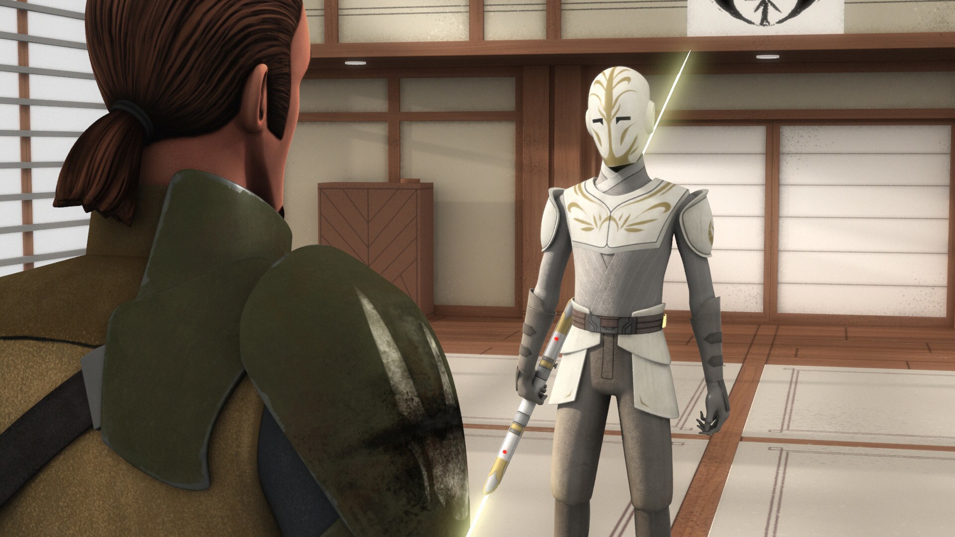 On the other side, Kanan finds himself in a combat training room. A Temple Guard awaits. The Jedi...