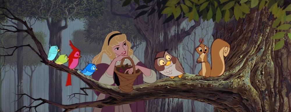 Princess Aurora talking to woodland creatures in the forest, from the animated movie "Sleeping Beauty"