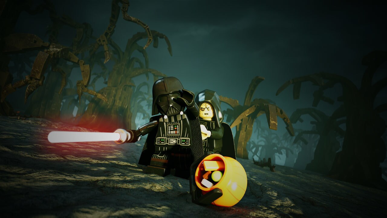 Darth Vader and the Emperor with a fallen Halloween bucket in the LEGO Star Wars short "The Sith Witch of Mustafar."