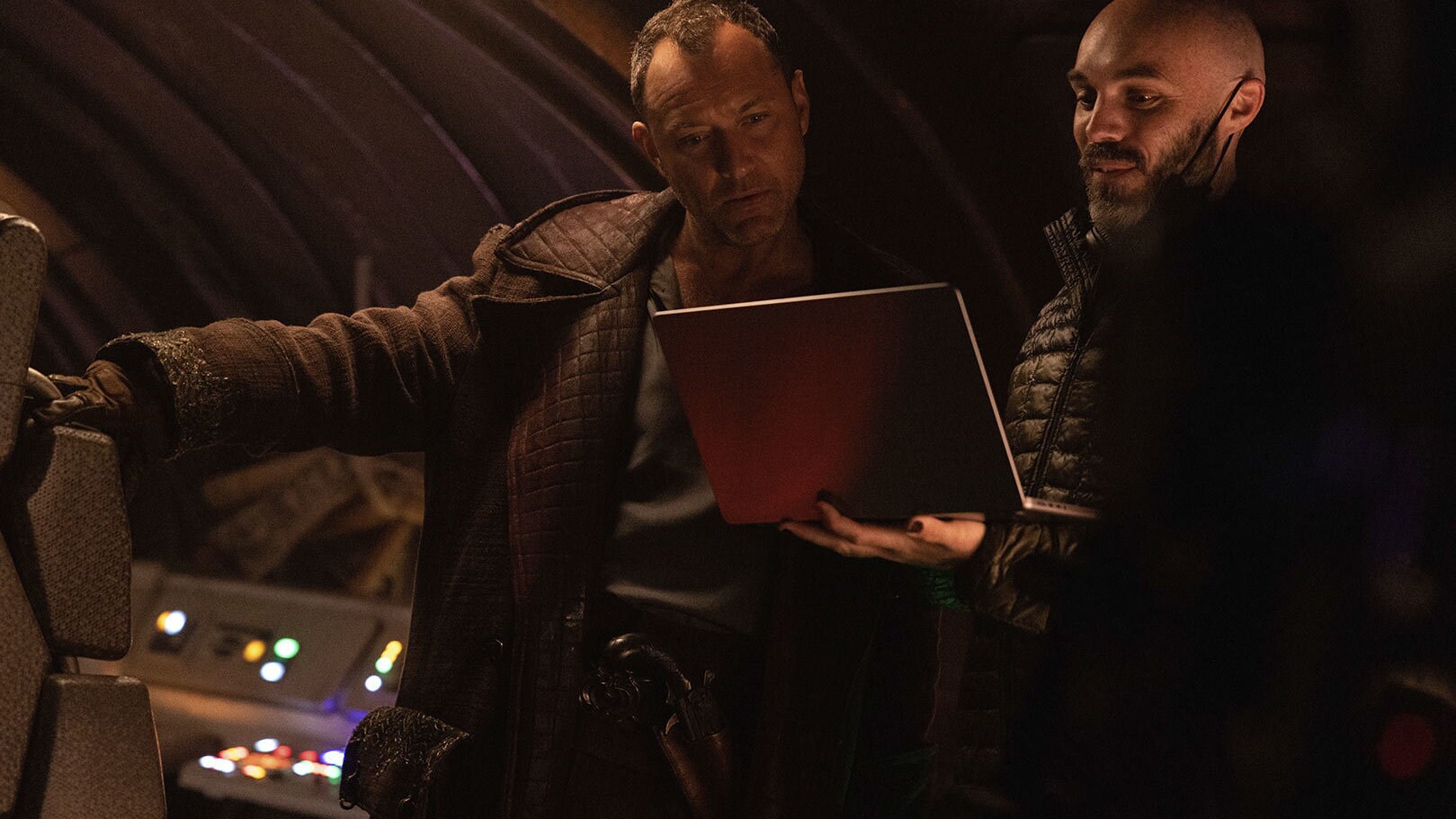 (L-R) Jude Law (Jod) and episodic director David Lowery on the set of Star Wars: Skeleton Crew.