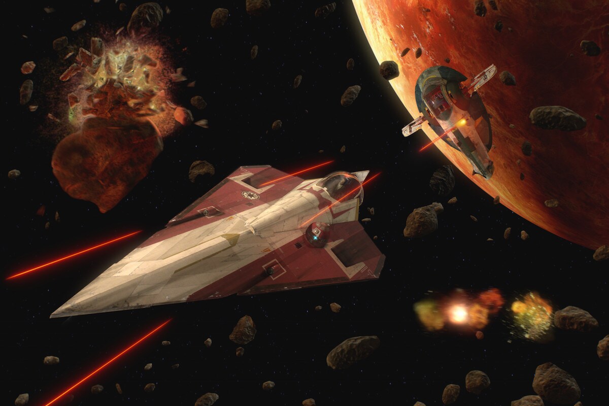 Slave I attacks Obi-Wan Kenobi's starfighter 