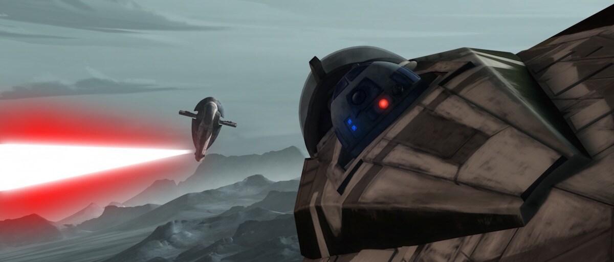 Slave I pursuing R2-D2 in a Jedi starfighter