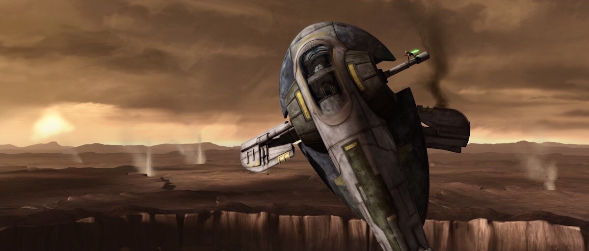 A damaged Slave I landing on Florrum A damaged Slave I landing on Florrum