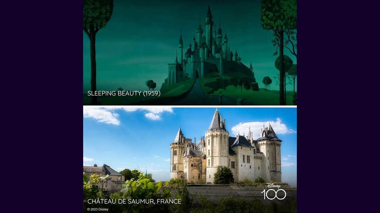 Scene from Sleeping Beauty (1959) and image of Château de Saumur, France