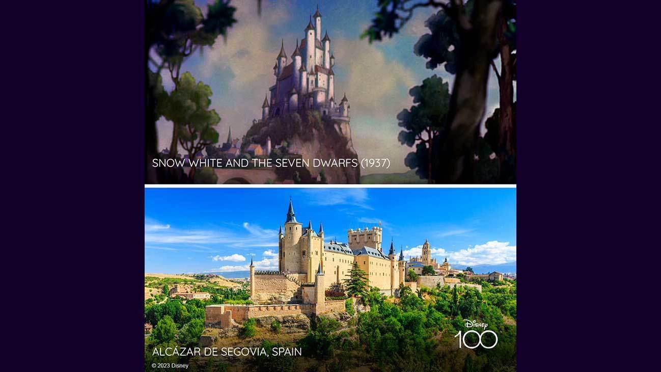 Scene from Snow White and the Seven Dwarfs (1937) and image of Alcázar de Segovia, Spain