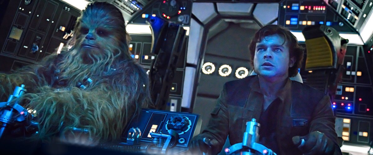 Chewbacca and Han Solo piloting the Millennium Falcon