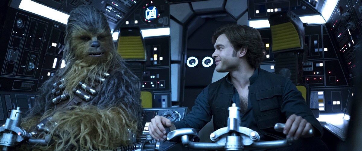 Chewbacca and Han Solo piloting the Millennium Falcon 