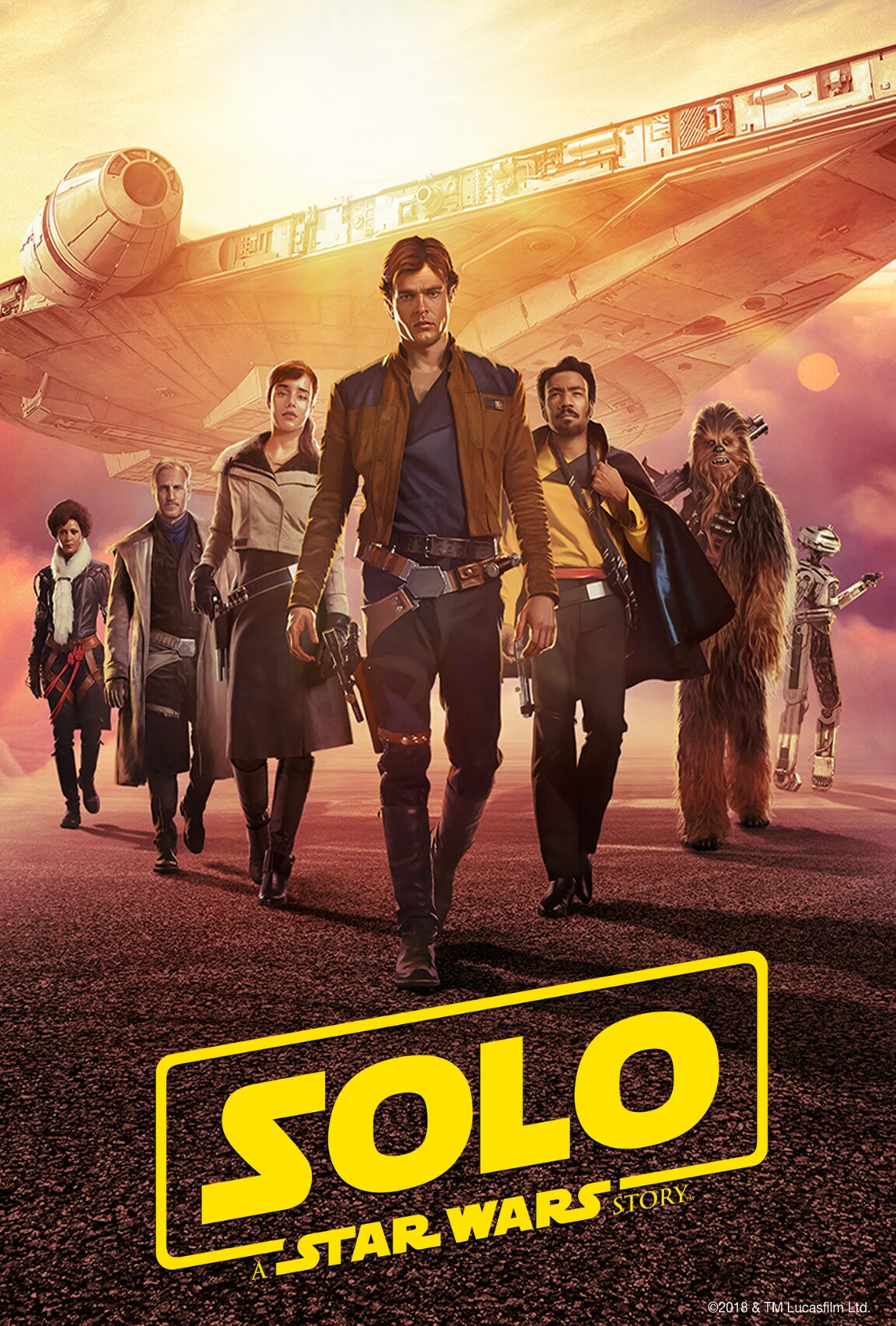 The 'Solo: A Star Wars Story' poster featuring Han Solo, Chewbacca and a range of other cast members with the Millennium Falcon in the background on the ground.