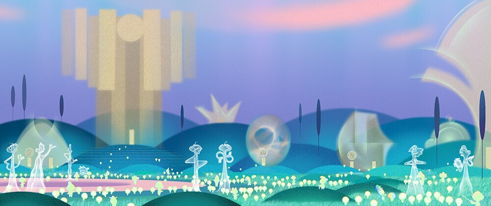 Concept art of a realm from Pixar's Soul. There's a dreamy feel with lots of purples and blues in an outdoor scene.