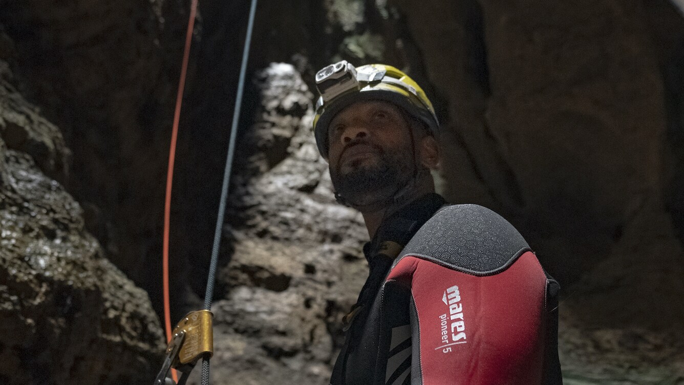 Portrait of Will Smith, as he prepares to go scuba diving in one of the biggest underground lakes in the world.  (National Geographic/Brendan McGinty)