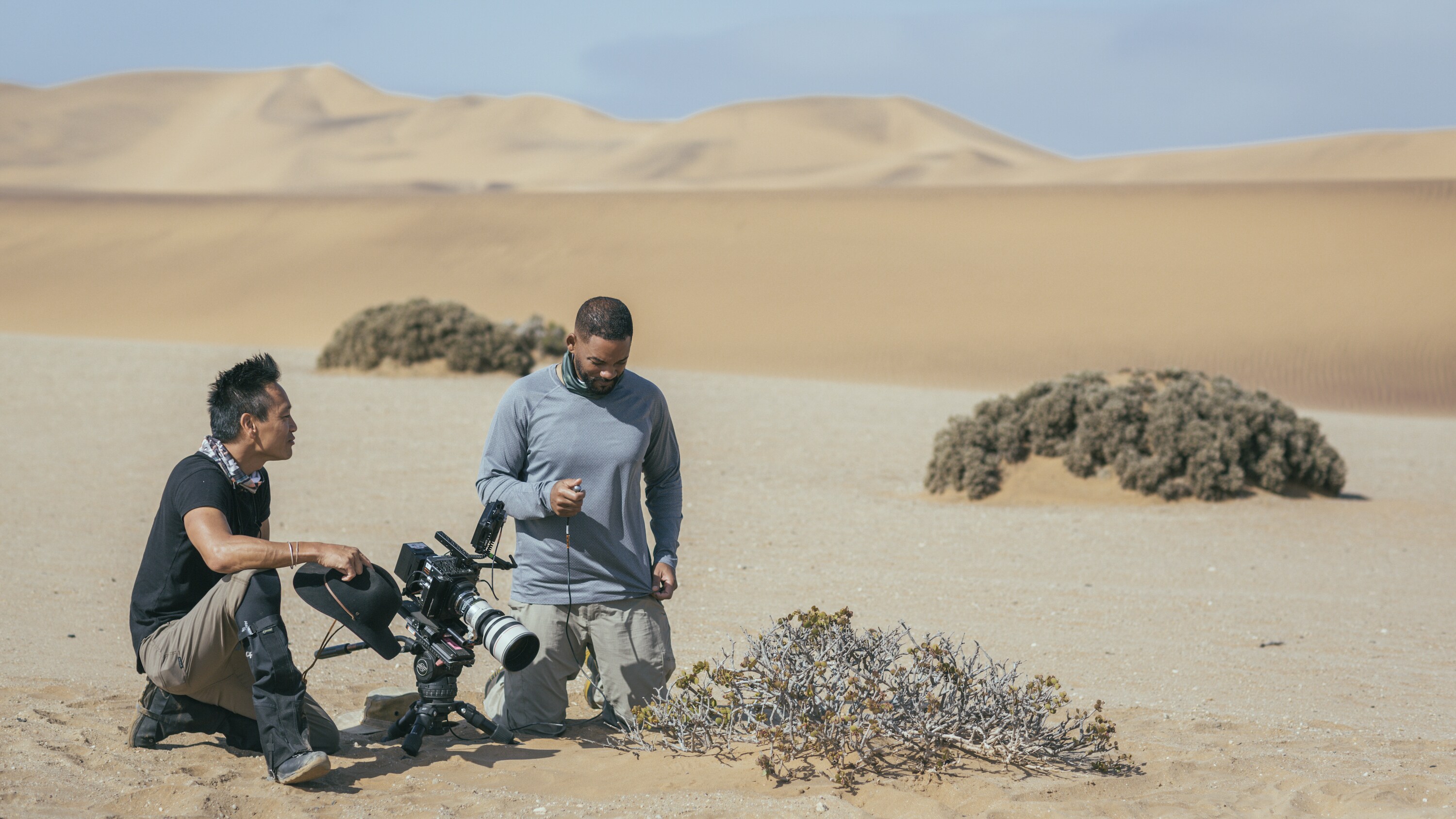 Will Smith and Explorer Albert Lin attempting to capture the feeding behavior of the Namaqua chameleon, using a slow motion phantom camera. (National Geographic/Freddie Claire)