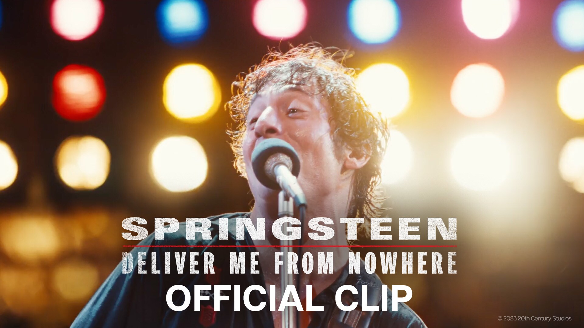 Image of Bruce Springsteen (actor Jeremy Allen White) singing into a microphone. | 20th Century Studios | Springsteen: Deliver Me From Nowhere | Official clip