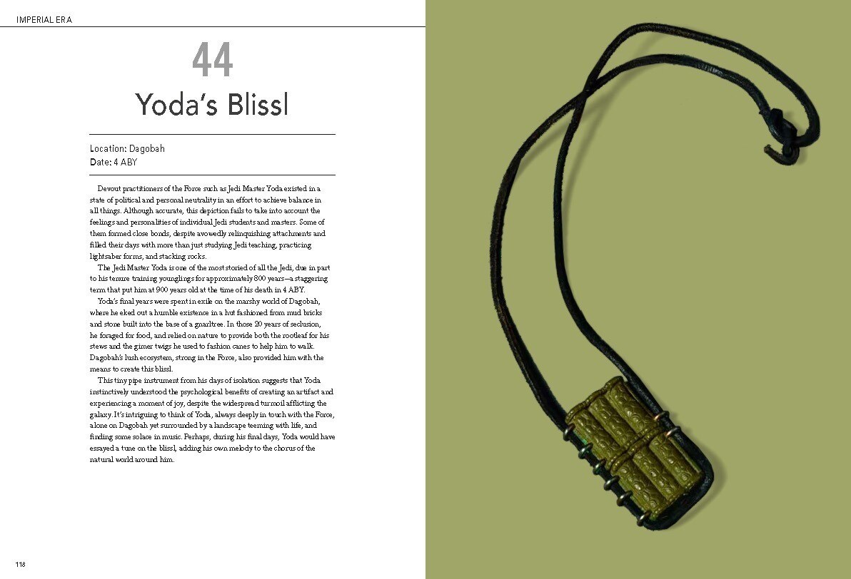 A spread on Yoda's blissl instrument from Star Wars: 100 Objects.