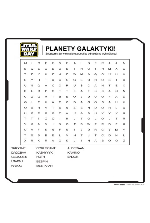 Kwadrat z umieszczonymi w środku wieloma literami, wśród których ukryte są nazwy planet ze Star Wars
