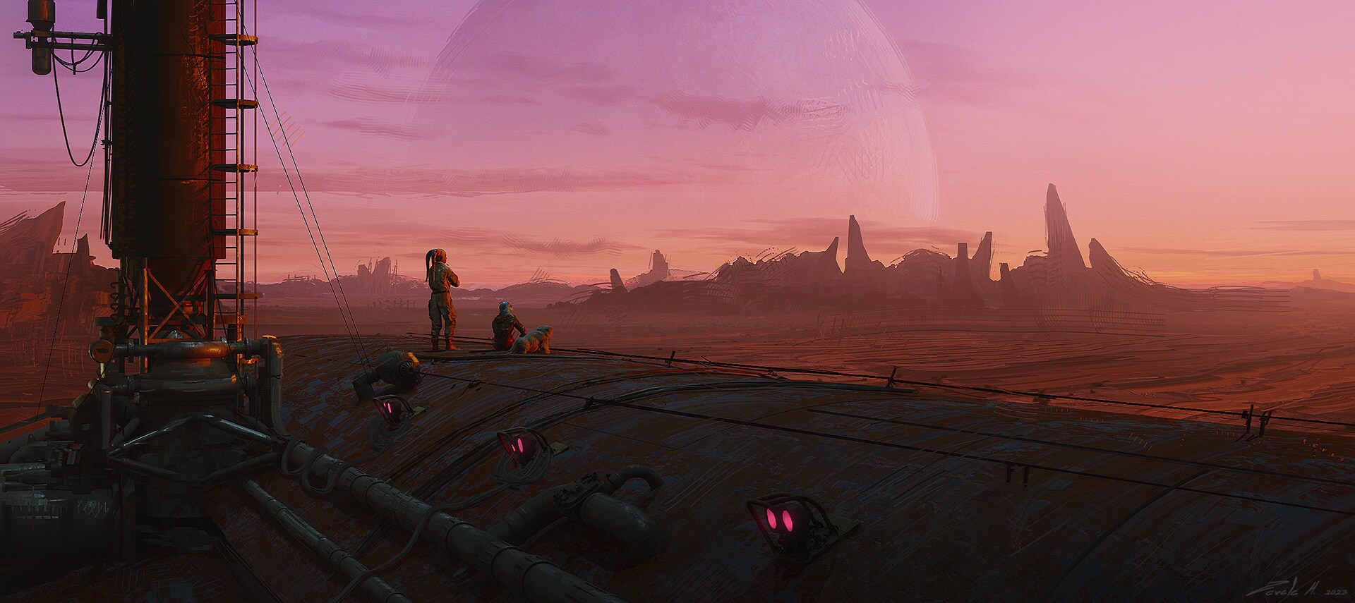 A contemplative moment with Sornah, Volo and Ba'zhu. Sunsets in Star Wars usually signify the promise of hope and adventures to come. Concept art by Stephen Zavala.