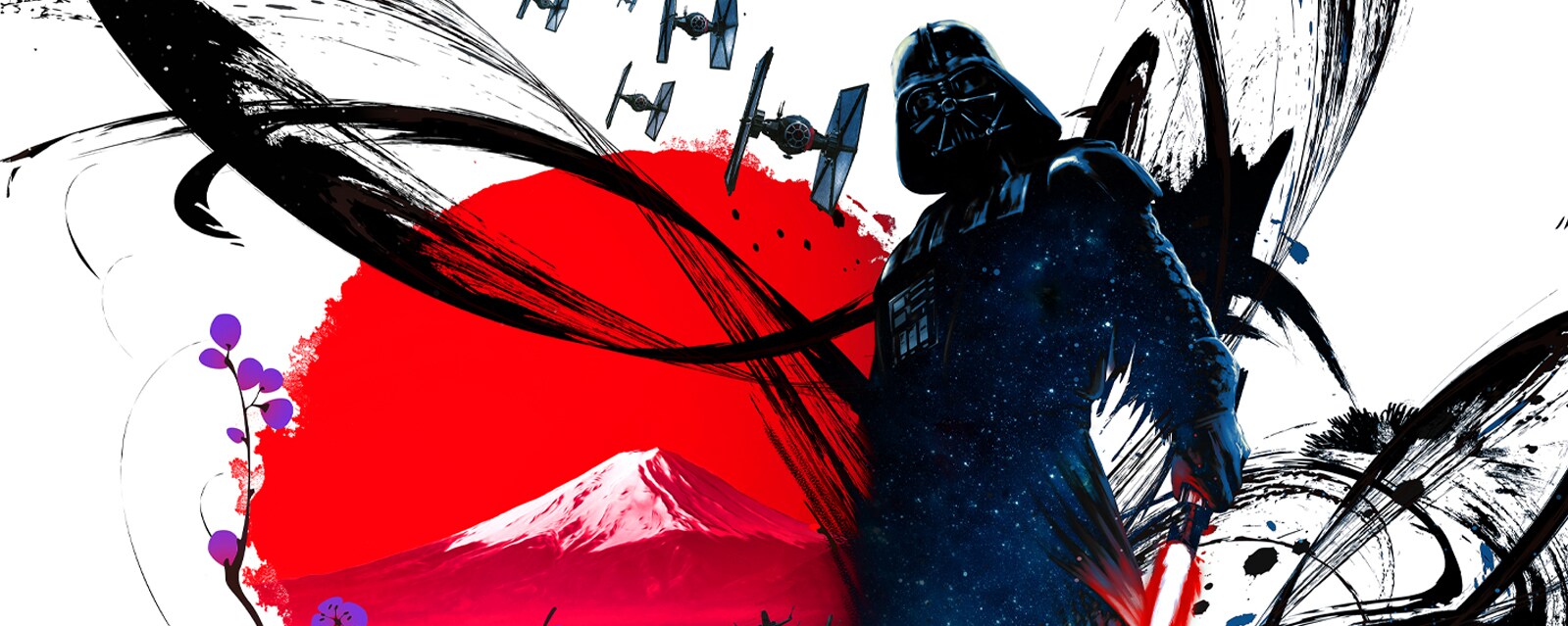 Star Wars Celebration Japan 2025 Key Art, created in the traditional Japanese black ink painting style known as sumi-e, with Darth Vader placed in the foreground. Brush strokes extend from the Sith Lord to the branches of a cherry blossom tree, leading to AT-ATs, X-wings, and TIE fighters. The Rising Sun of the Japanese flag balances the image, with Mount Fuji featured in its center.