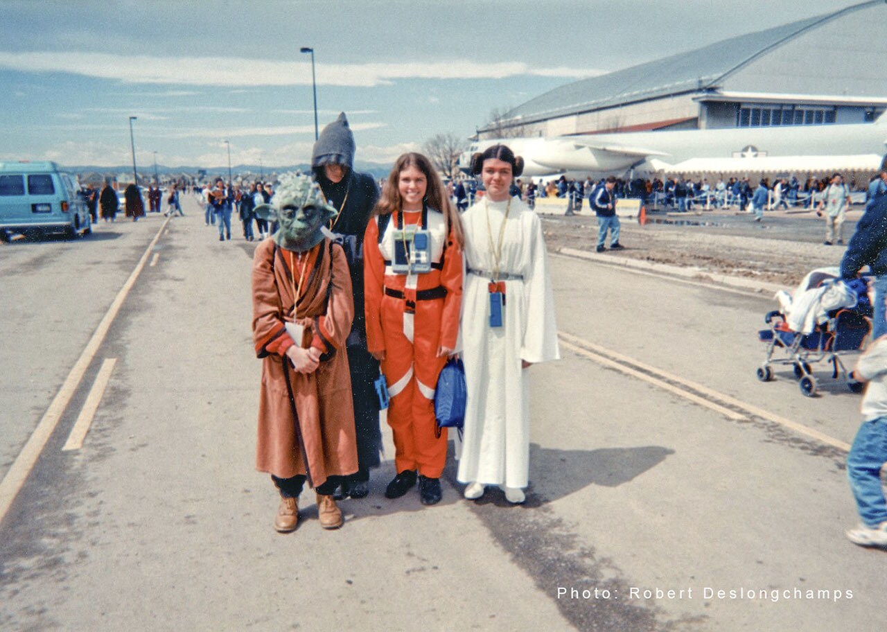 Costumed fans gather in a rare sunny moment during Star Wars Celebration I. 