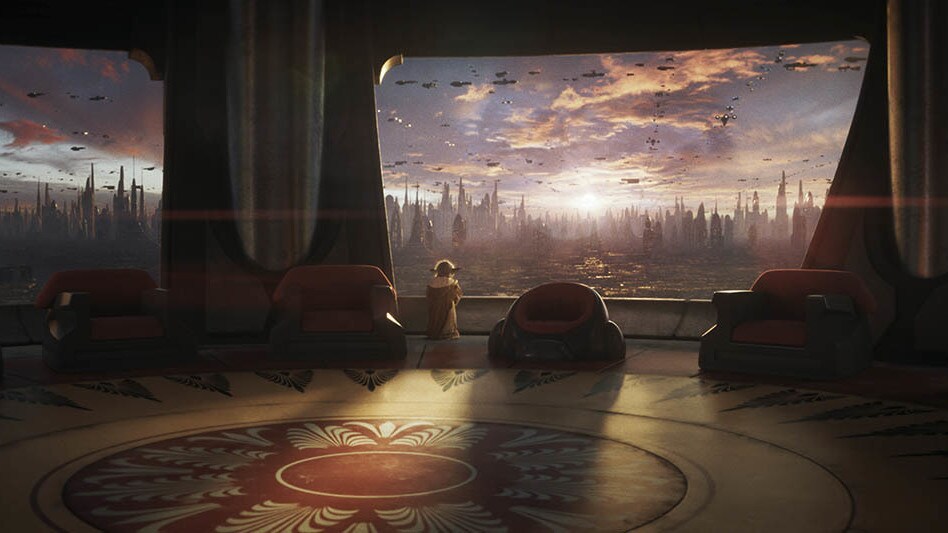 Yoda stands in an empty Jedi Council room, looking out the window.