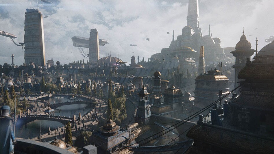 Ships fly above a bustling cityscape as its temple rises above.
