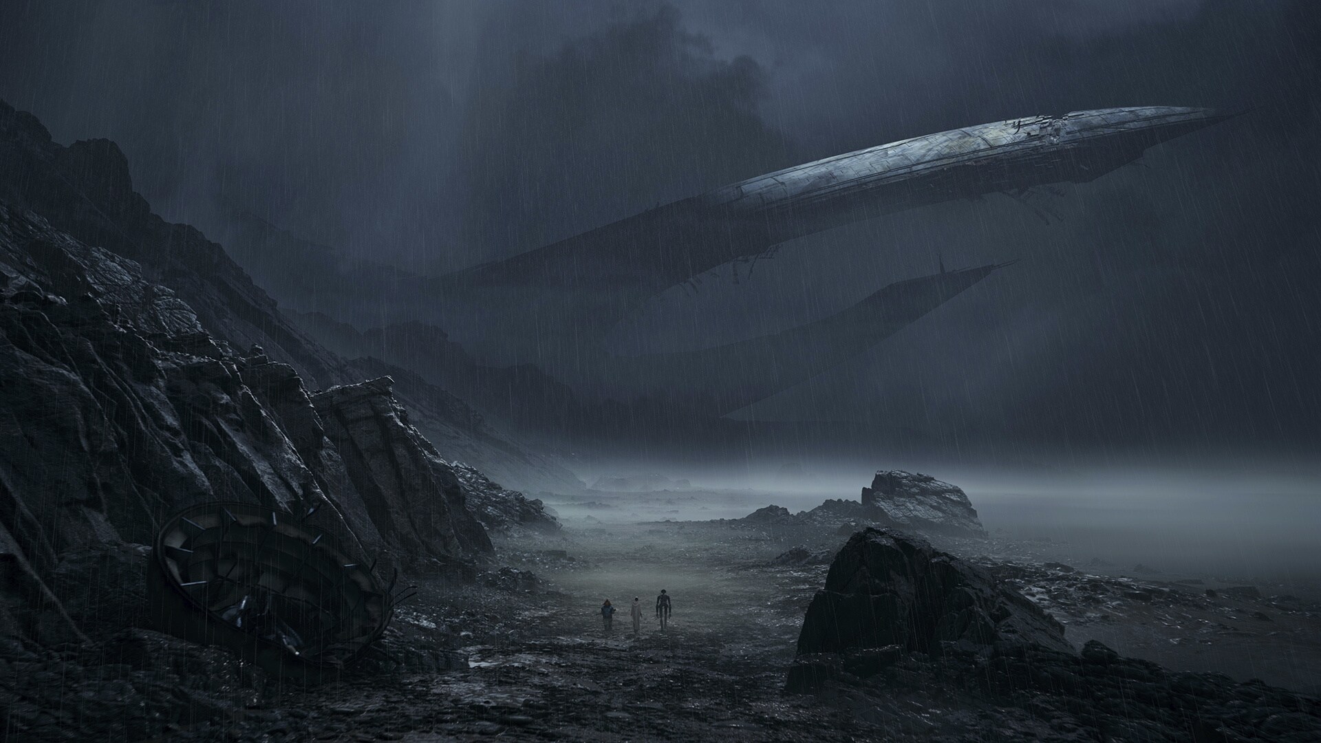 An ancient starship in the storm.