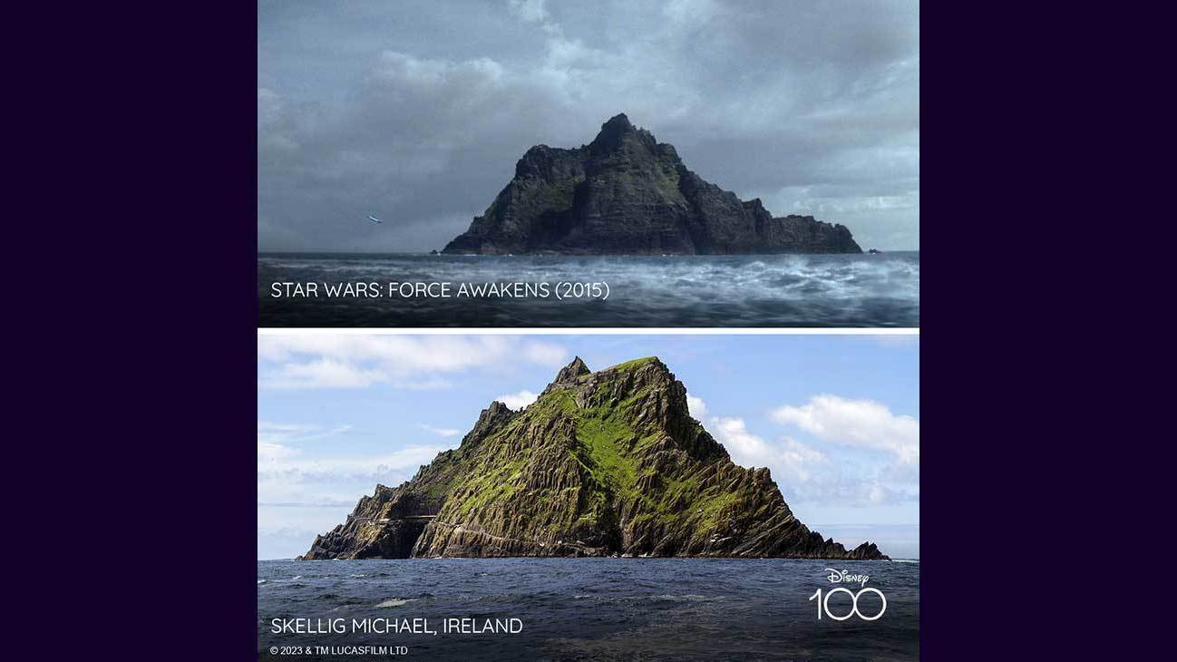 Scene from Star Wars: Force Awakens (2015) and image of Skellig Michael, Ireland