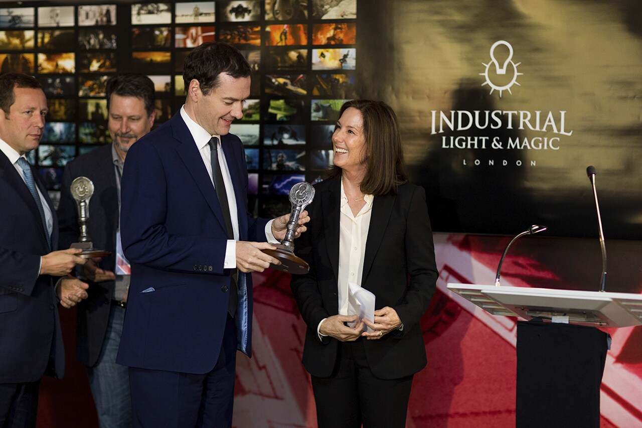 Lucasfilm President Kathleen Kennedy (right) and Industrial Light & Magic chief creative officer John Knoll (second from left) joined London officials for the opening of ILM’s London studio in 2014. 