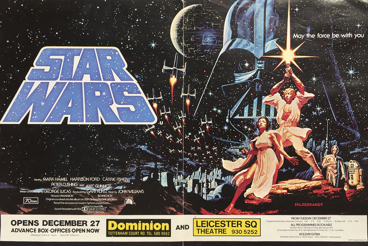 An advertisement for the opening of Star Wars: A New Hope at Leicester Square Theatre in December, 1977.