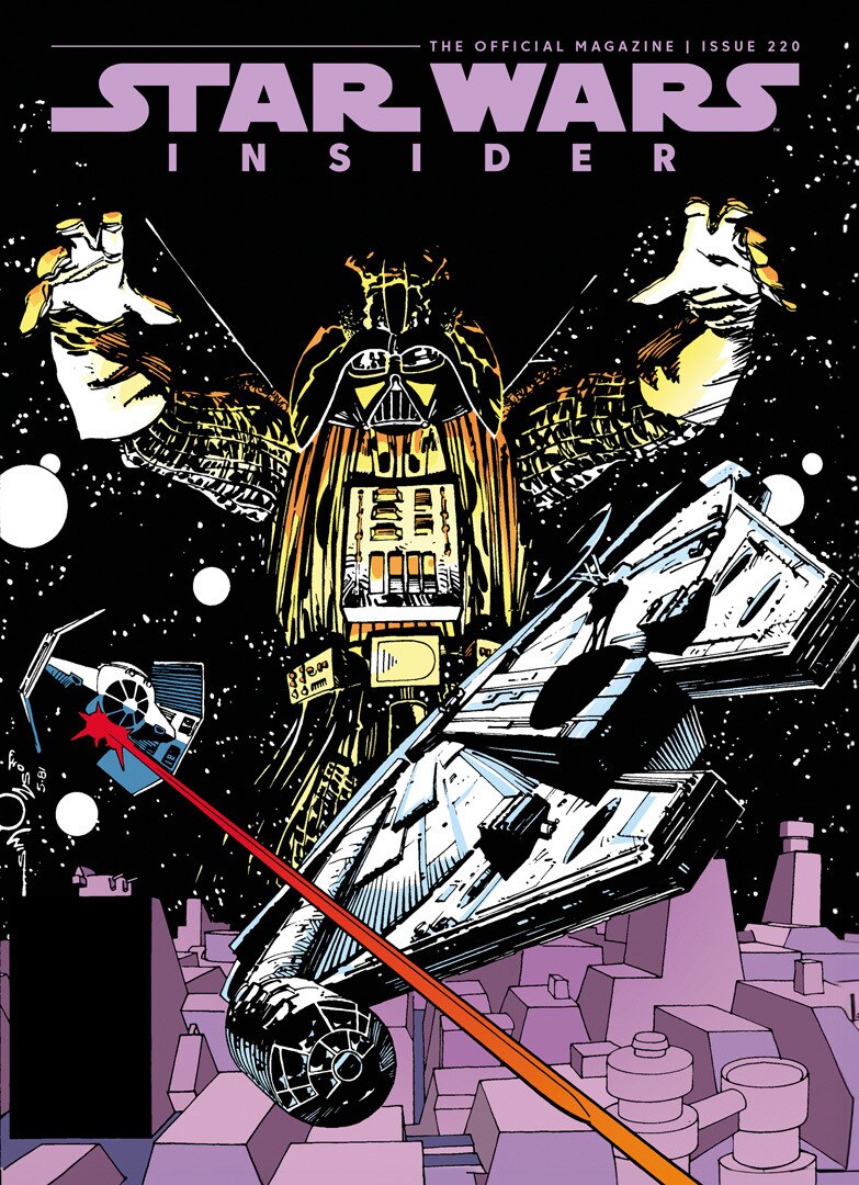 Star Wars Insider #220 comic-book store edition featuring vintage comic art of Darth Vader above Vader's TIE fighter firing at the Millennium Falcon.