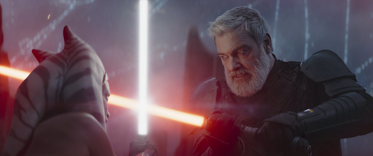 Ahsoka fights against former Jedi-turned-mercenary Baylan Skoll in Ahsoka – Season 1, Episode 4, “Fallen Jedi.”