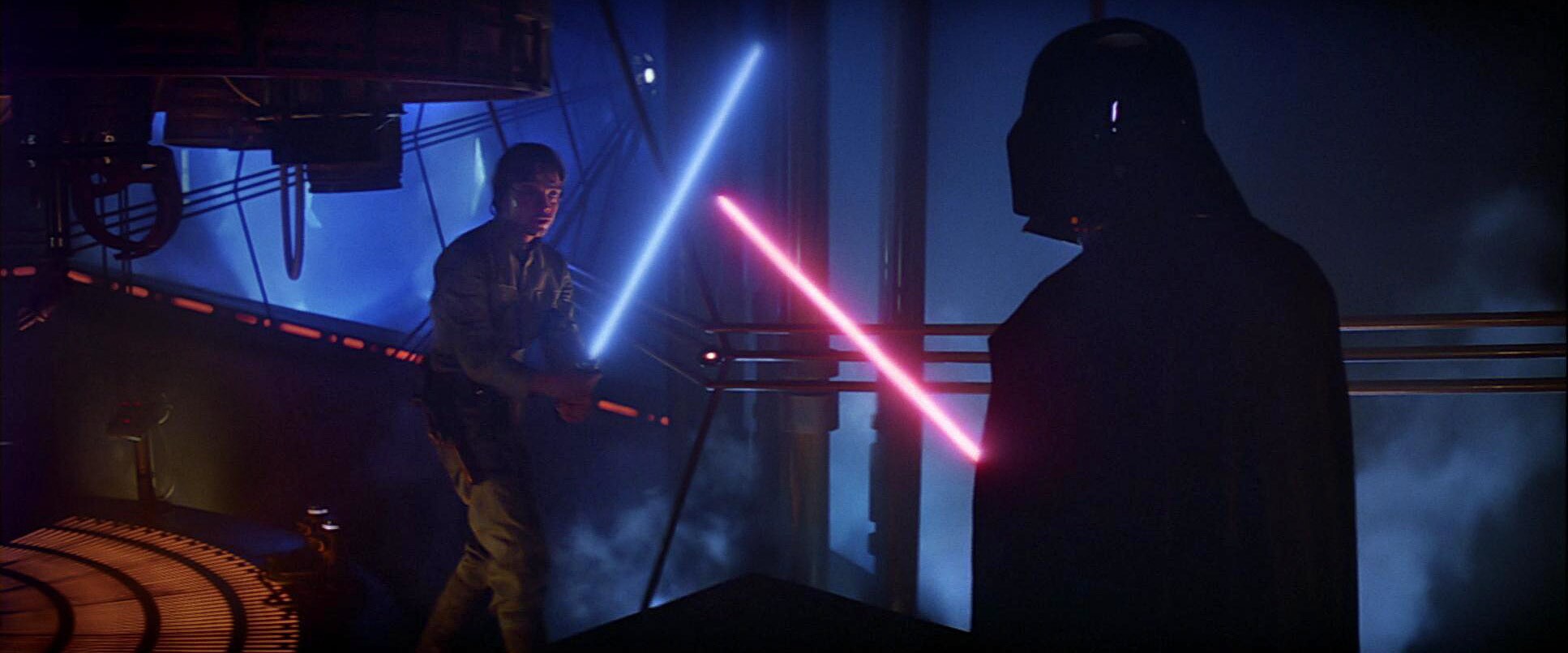 Luke Skywalker confrontations Darth Vader in The Empire Strikes Back.