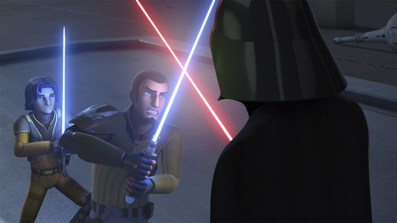 Ezra Bridger and Kanan Jarrus face off against Darth Vader in Star Wars Rebels – Season 2, Episode 1 “The Siege of Lothal.”
