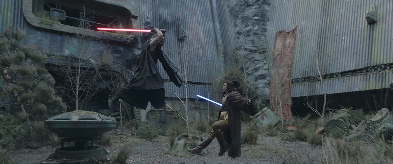 On Brendok, Sol and the Stranger engage in a lightsaber duel in Star Wars: The Acolyte – Season 1, Episode 8 “The Acolyte.”