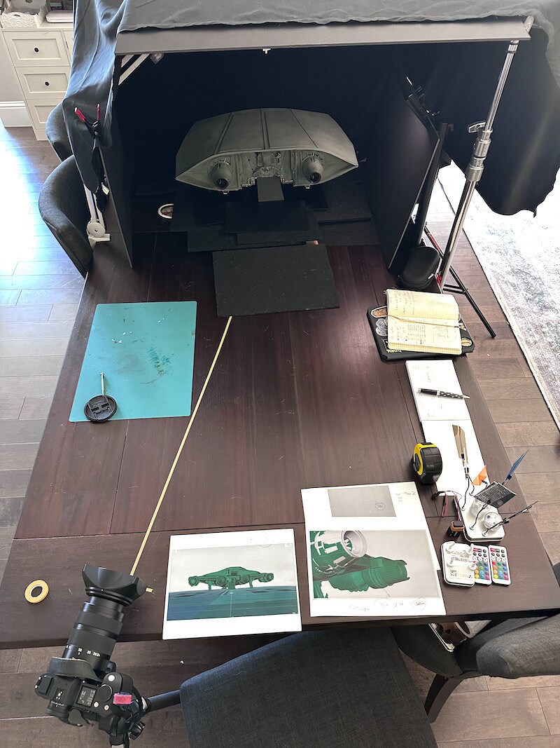 While shooting the miniature, Aron matched the precise camera angles and composition of the pre-planned CG shots.