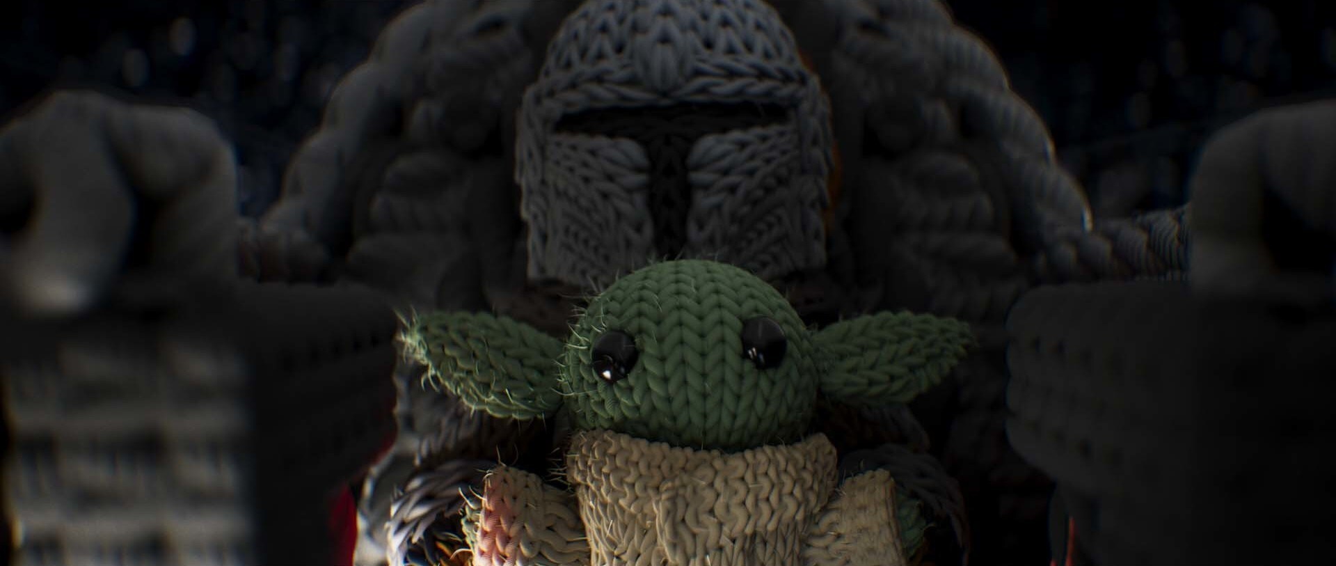 The Mandalorian and Grogu stylized in crochet.