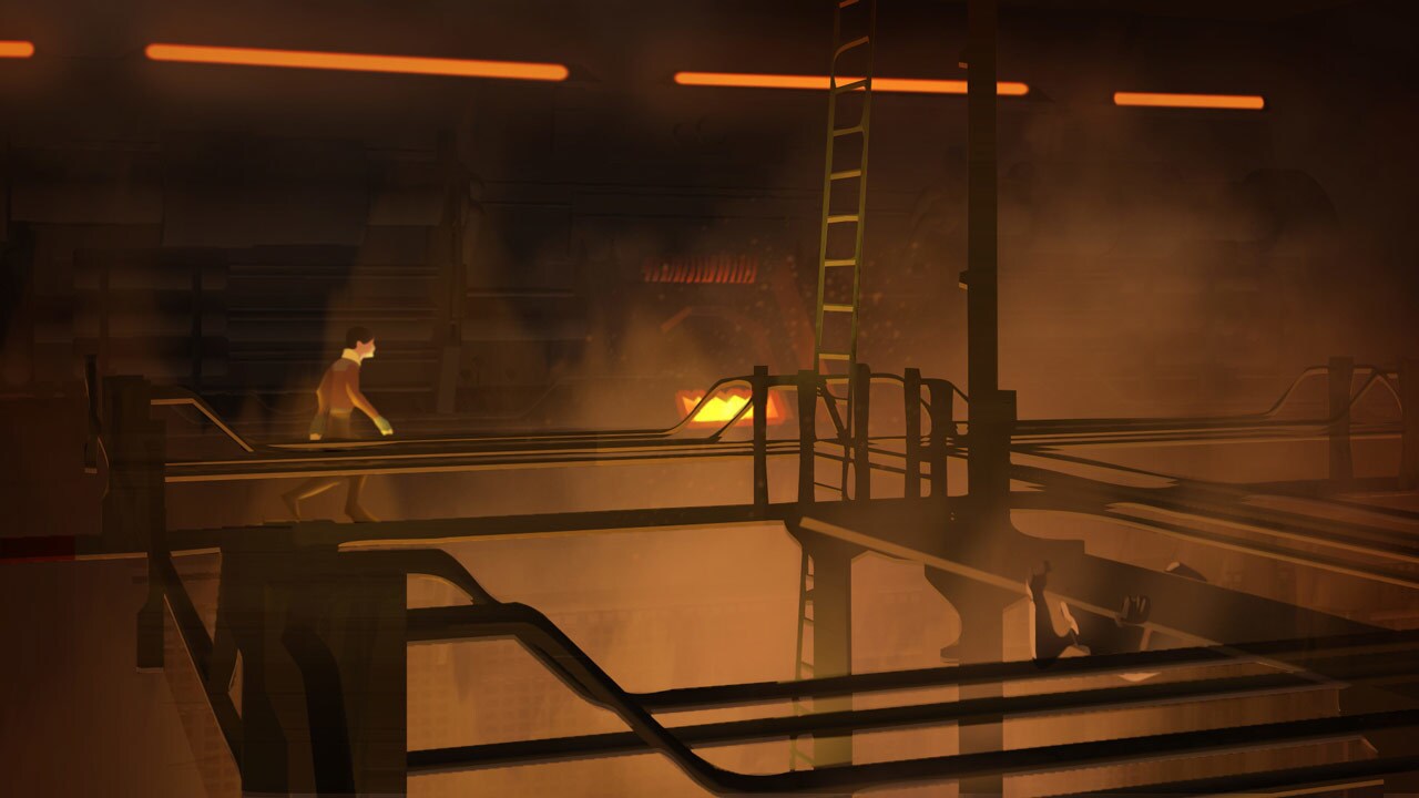 Ore crawler, main reactor core refinery (int.), Ezra, Captain Seevor lighting concept art by Moll...