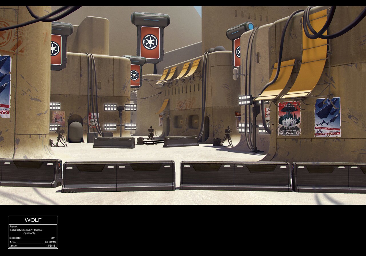 Lothal city streets (ext.) Imperial barricade concept art by Eli Maffei.