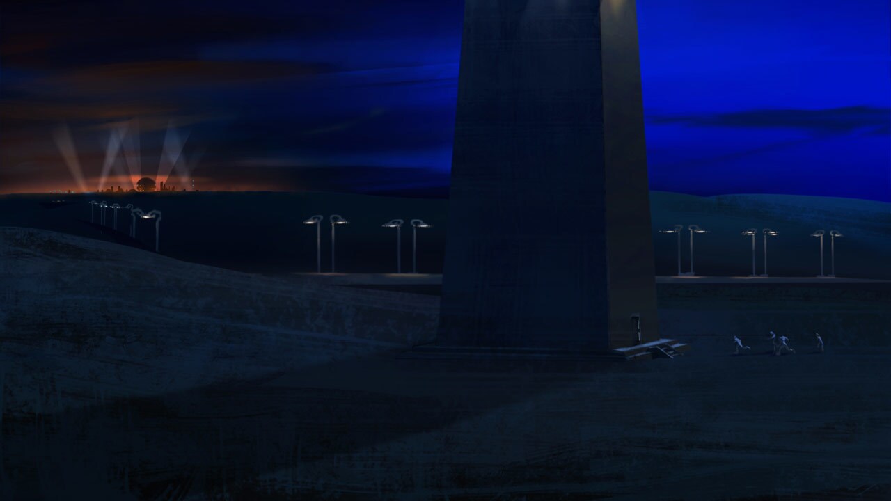 Lothal anti-air turbolaser tower lighting concept art by Molly Denmark.