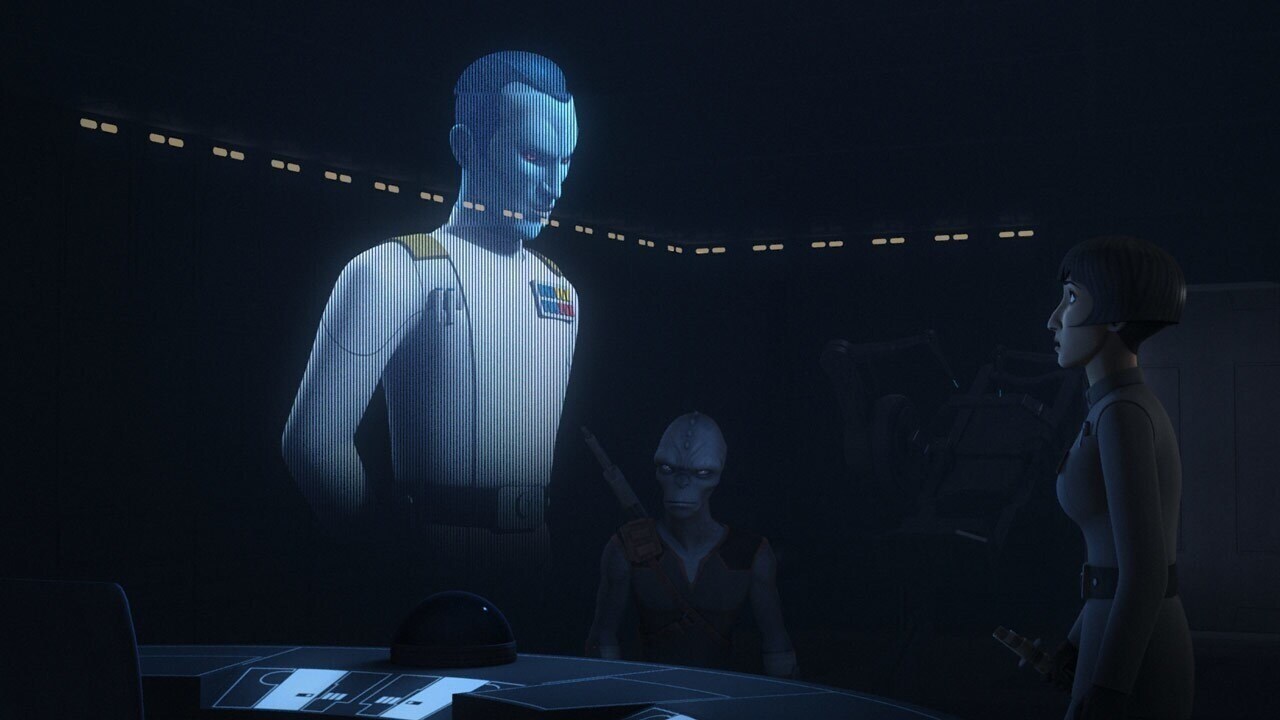 Governor Pryce looking up at a hologram of Grand Admiral Thrawn