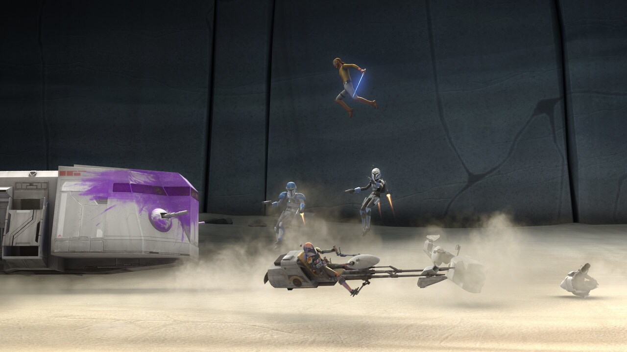 Kanan leaps from transport to transport, eliminating stormtroopers.