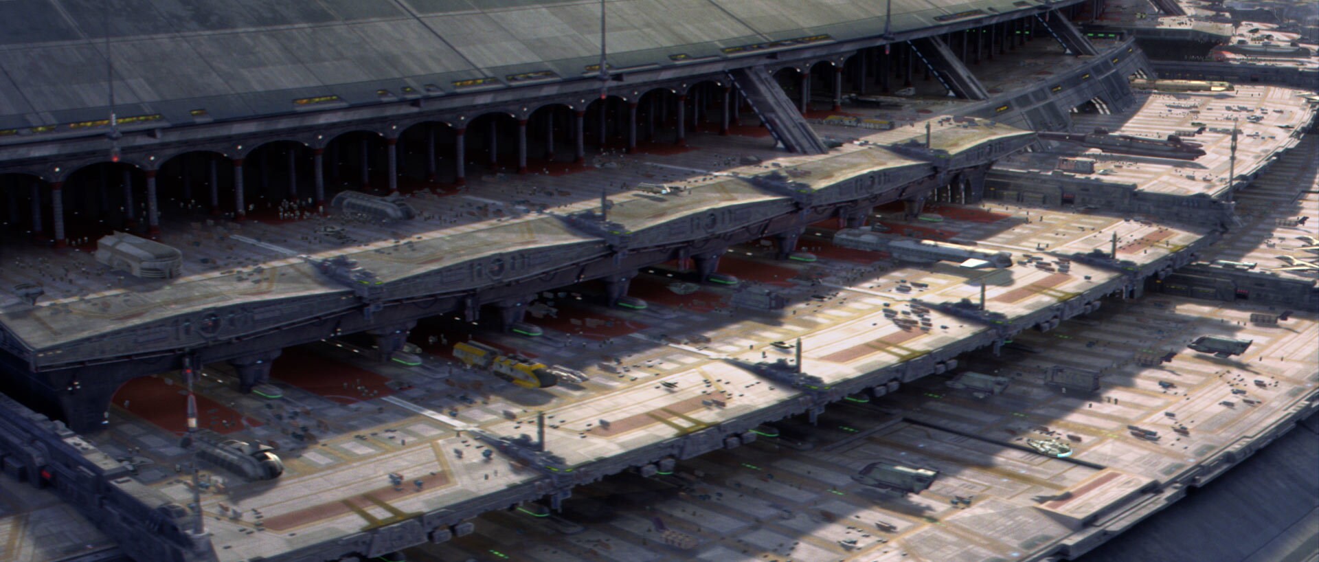 YT-1300 freighter like the Millennium Falcon entering a landing pad on Coruscant.