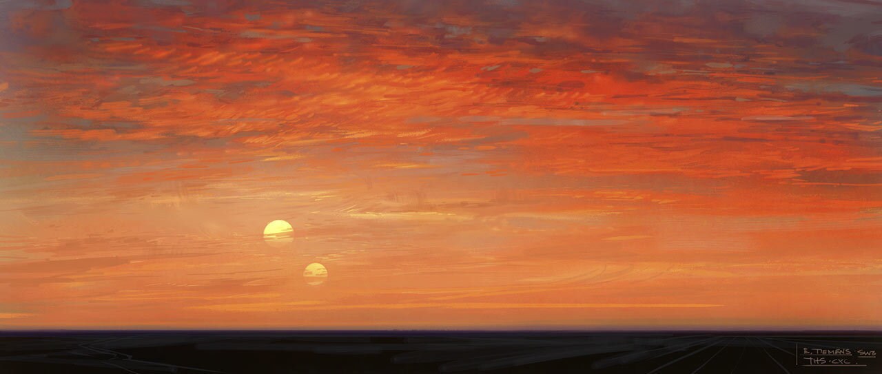 Tatooine twin suns concept art by Erik Tiemens.