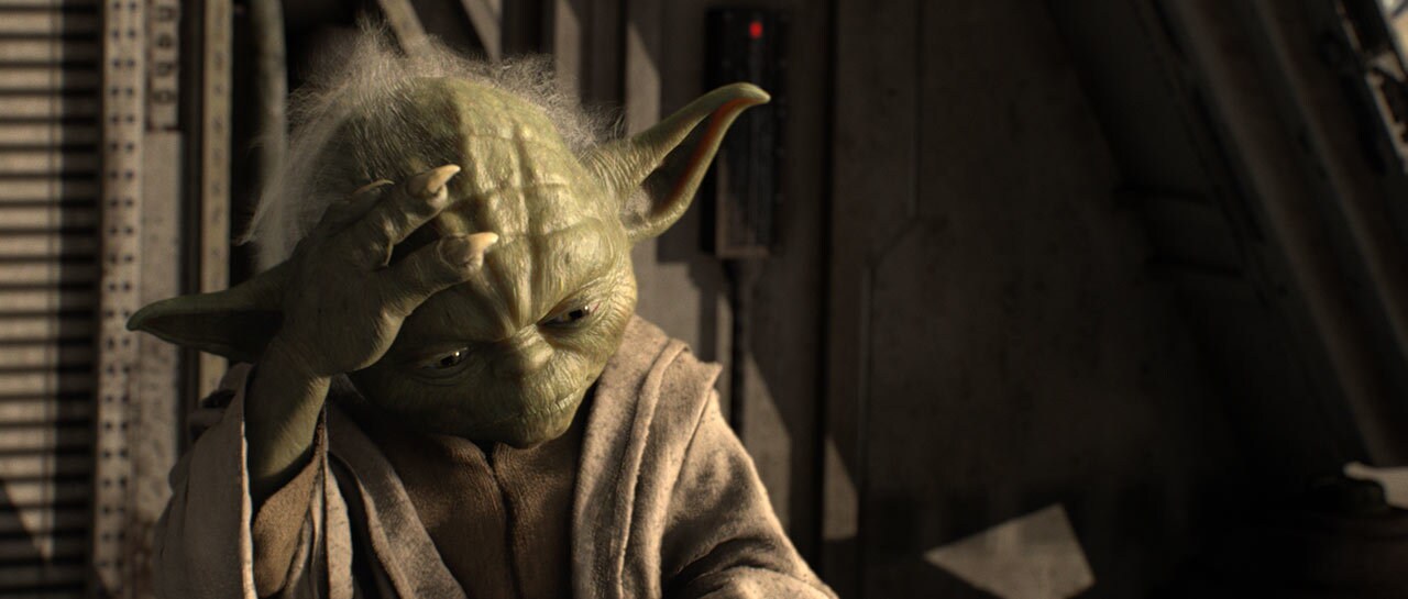 Yoda rubs his head at the 40:28 mark as a reference to Akira Kurosawa’s Seven Samurai, mimicking a character who had just shaved his head to look like a monk.