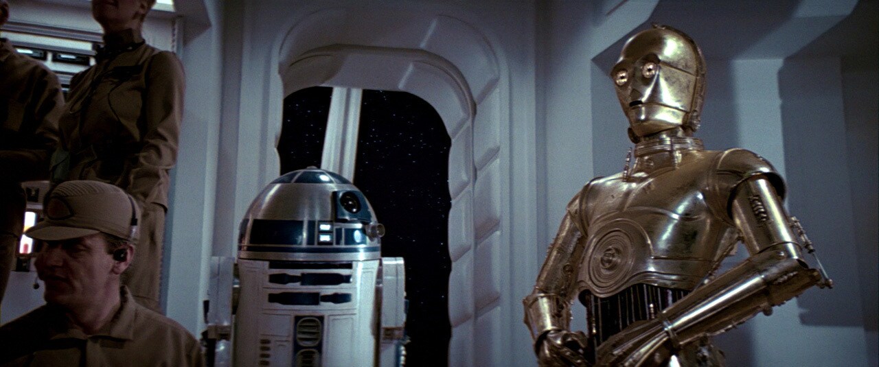 “Here we go again.” 3PO as the strike team sets out to Endor.